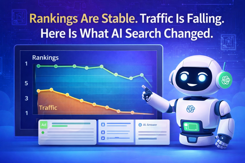 Traffic falling but rankings stable graph showing AI Overview impact on organic click-through rates in 2026